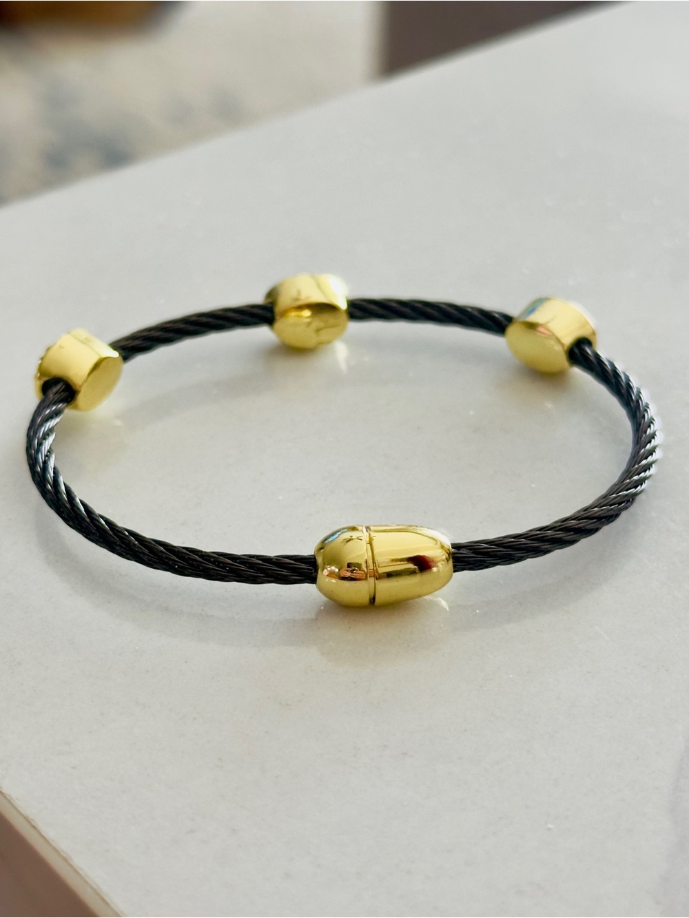 Black Twisted Cable with Gold Station Bangle Bracelet - Picture 3 of 3